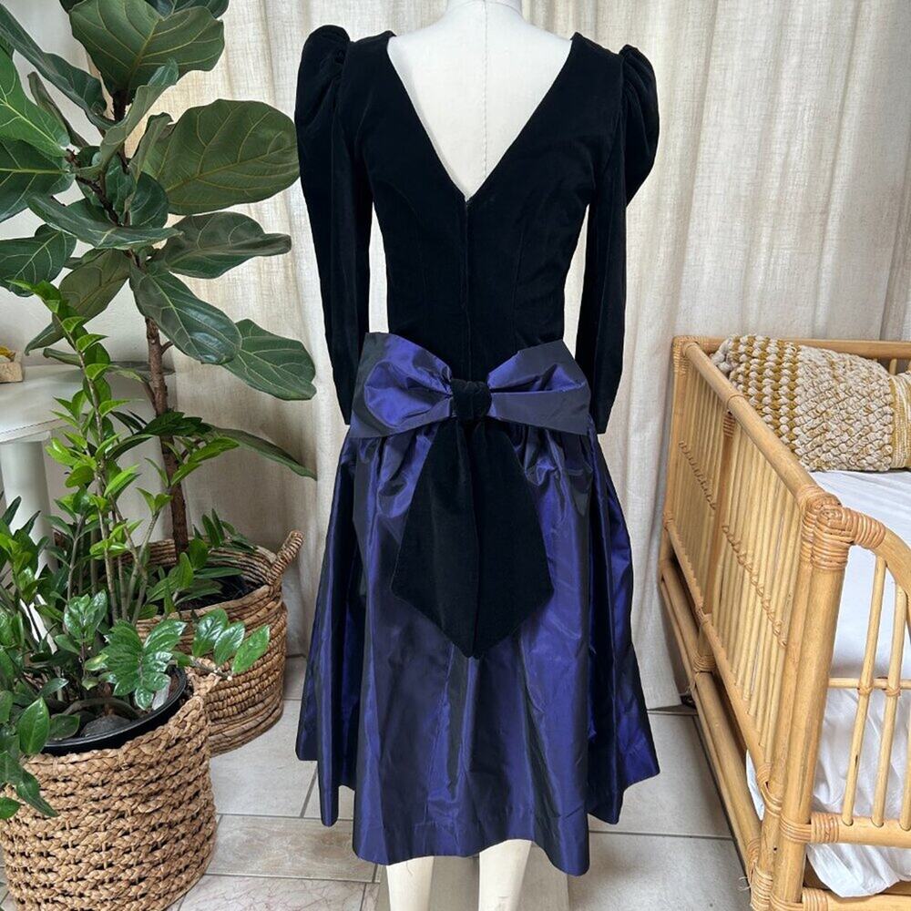 Vintage 80s Velvet Puff Sleeve Party Dress Purple Bow Skirt Handmade S/M